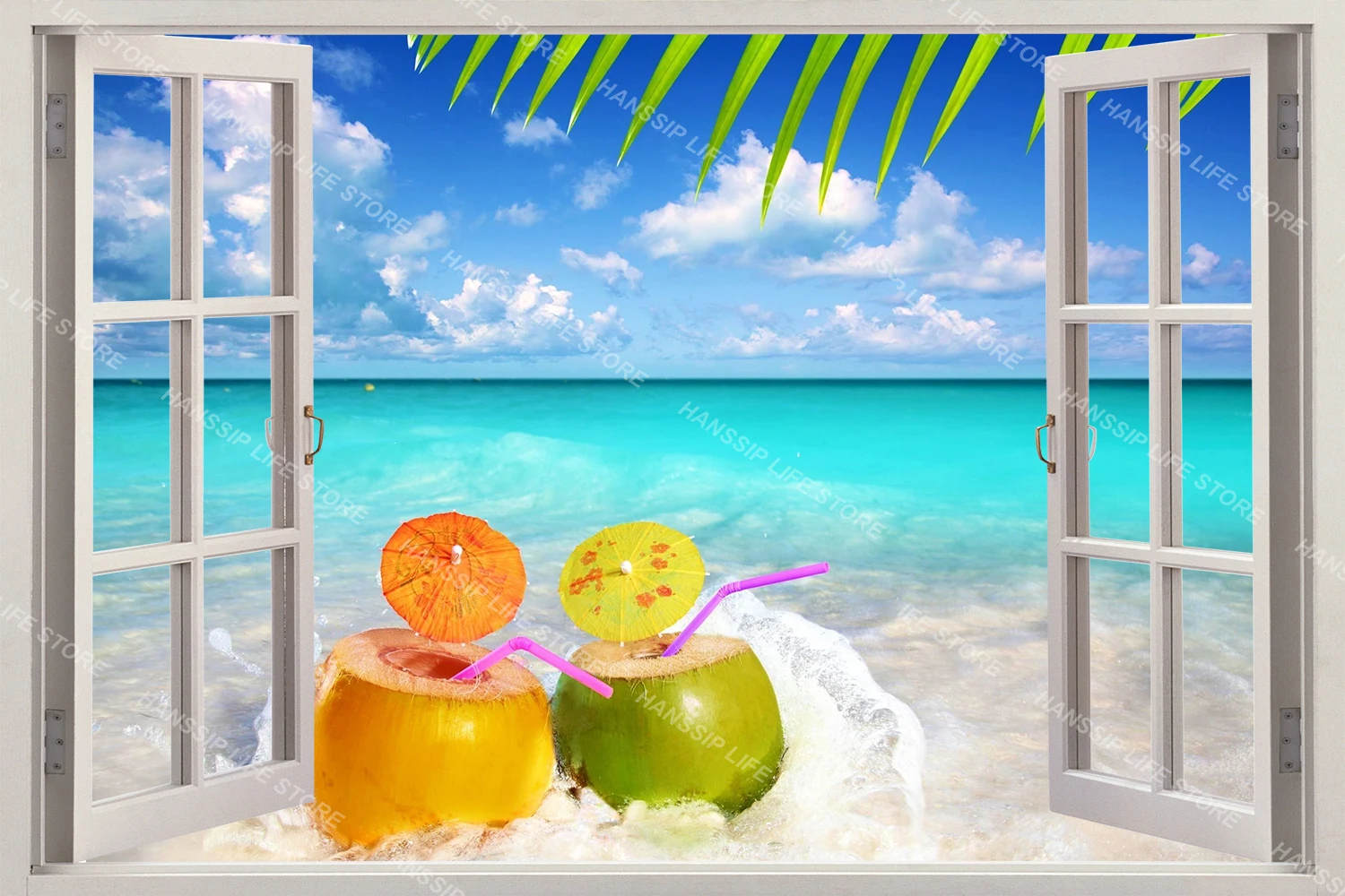 Blue Healing Sea View Window Seascape Wall Sticker Peel and Stick Home Decorative Coconut Tree Beach House Children Wall Decal