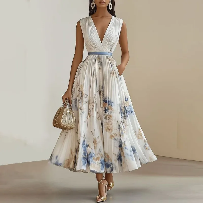 Damenkleid mit tiefem V-Ausschnitt, ärmellos, plissiert, Blumenmuster, Midikleid, Taillengürtel, Tasche, Partykleid