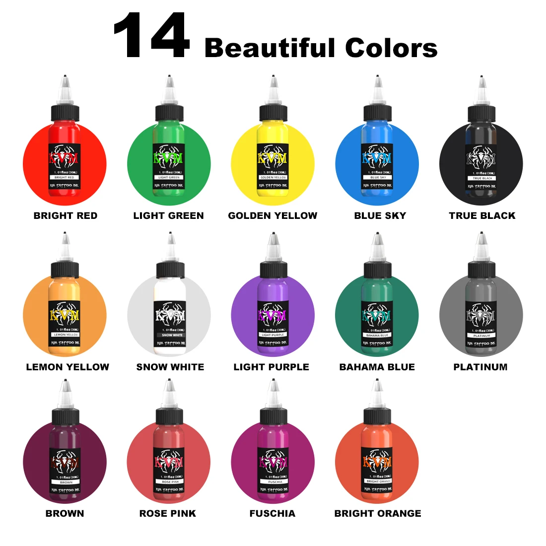 KVM Tattoo Ink 30ml/Bottle 14 Colors Available High Pigment Vibrant Permanent Tattoo Pigment For Lining Shading Color Packing Tattoo Supplies