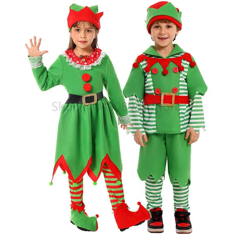 

New Arrival Children New Year Holiday Dress Up Green Elf Outfit Boy Christmas Outfit Santa's Helper Elf Girls Costume