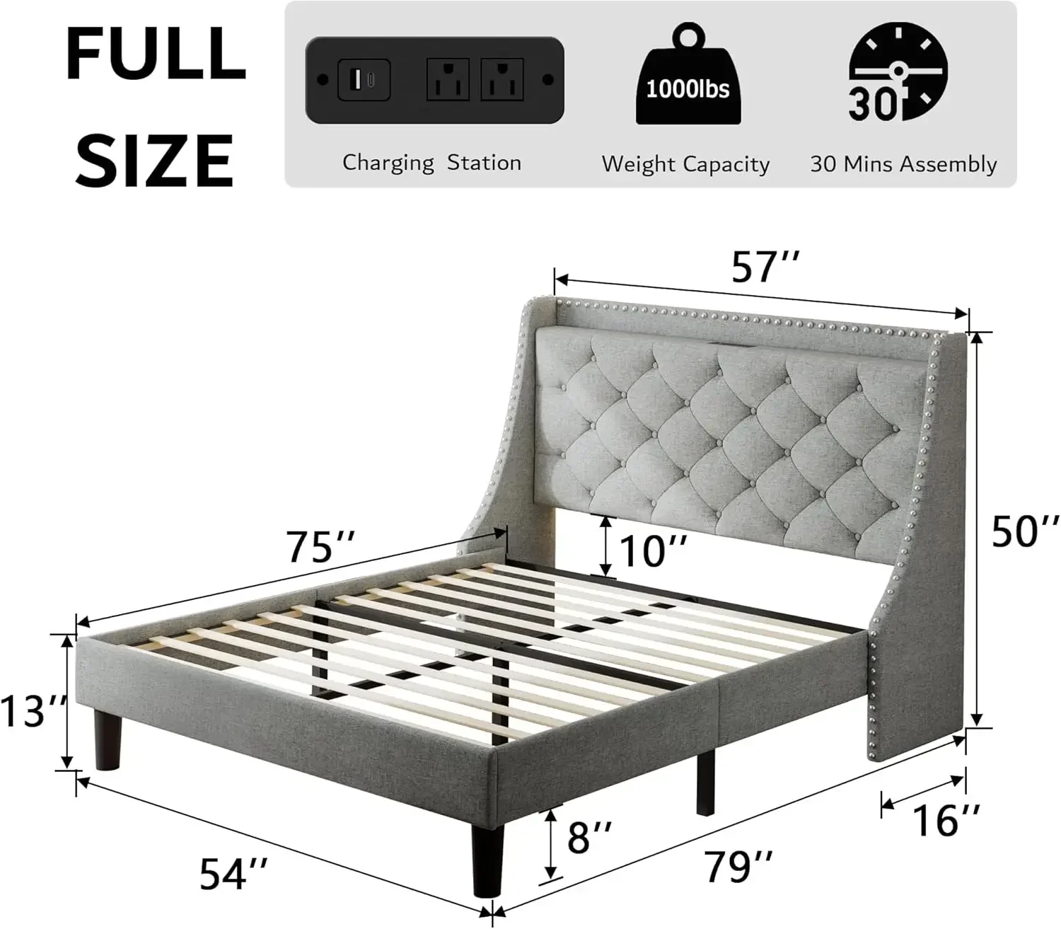 7/12 Inch Sturdy Legs, 16 Inch Wide Wingback Headboard, 2 USB Ports, 20W Fast Charging, No Box Spring Needed