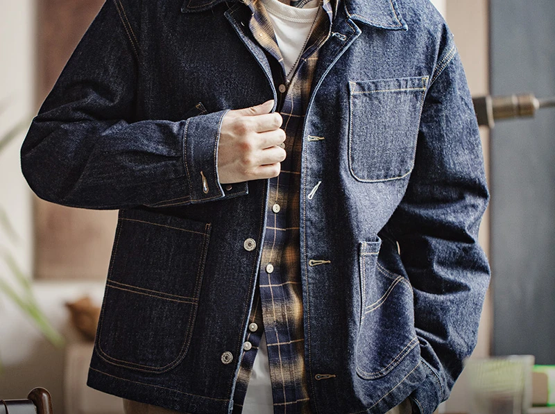 2024Vintage asymmetrical four-pocket design denim Coat Men's single-breasted lapel jacket Fall work coat