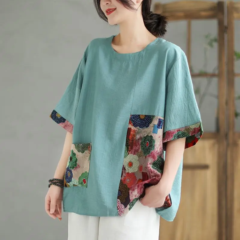 Camicie di lino di cotone Patchwork con stampa in stile etnico retrò da donna camicetta oversize a maniche corte estiva Casual O collo top Blusas