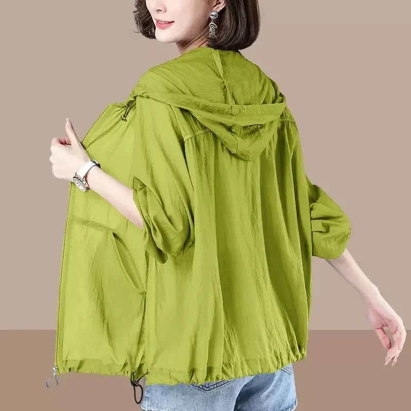 

2024 Women's Clothing Long-Sleeved Summer Thin Coat Solid Color Hooded Loose Sun Protection Clothing Large Size Female Tops 4XL