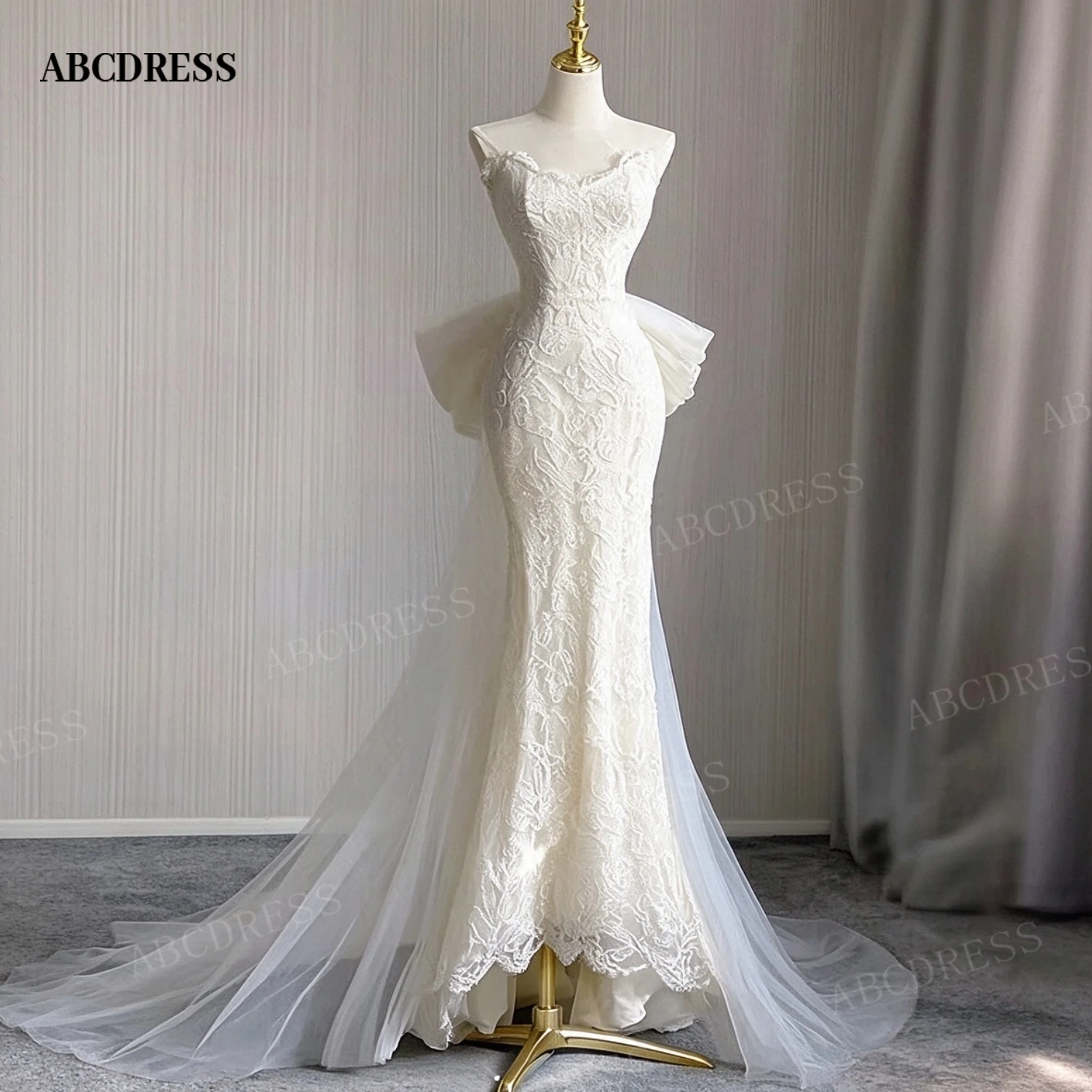 ABCDRESS Custom Lace Mermaid Wedding Dress Sweetheart Detachable Big Bow Tulle Train Bridal Gown Lace Applique Vestido De Novia