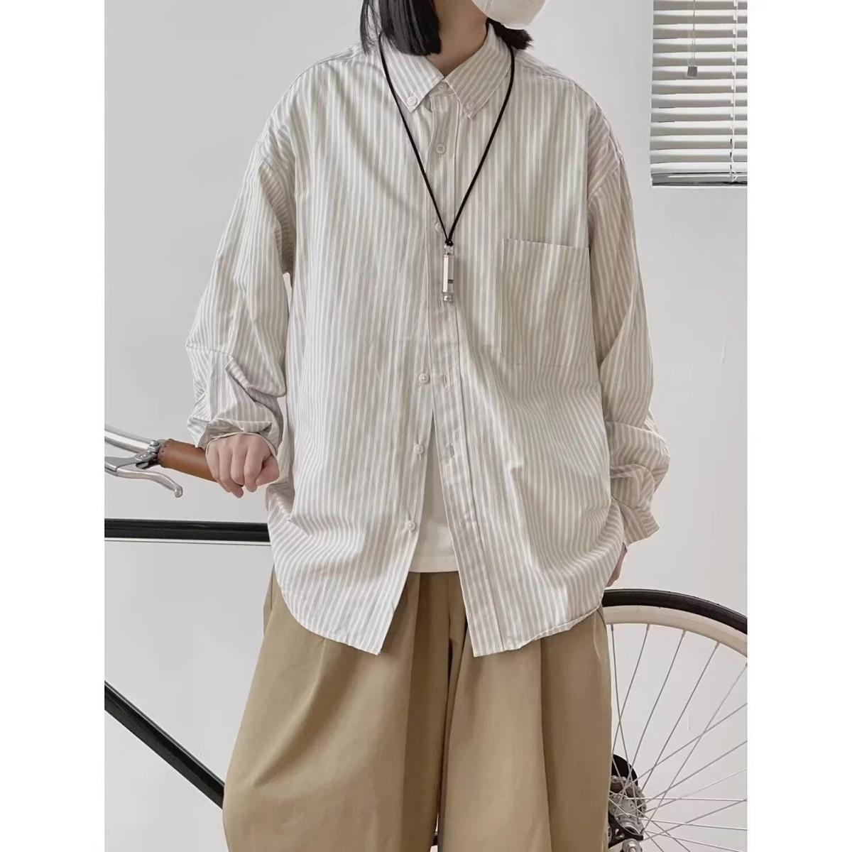 

New 2025 Khaki Light Stripe Casual irt y Loose Long Sve Spring Autumn Faion Polyester Fiber Youth Faion ...