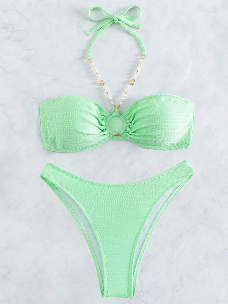 Bikini fashion sexy swimwear with bead chain halter neck and strapless two-piece swimsuit set