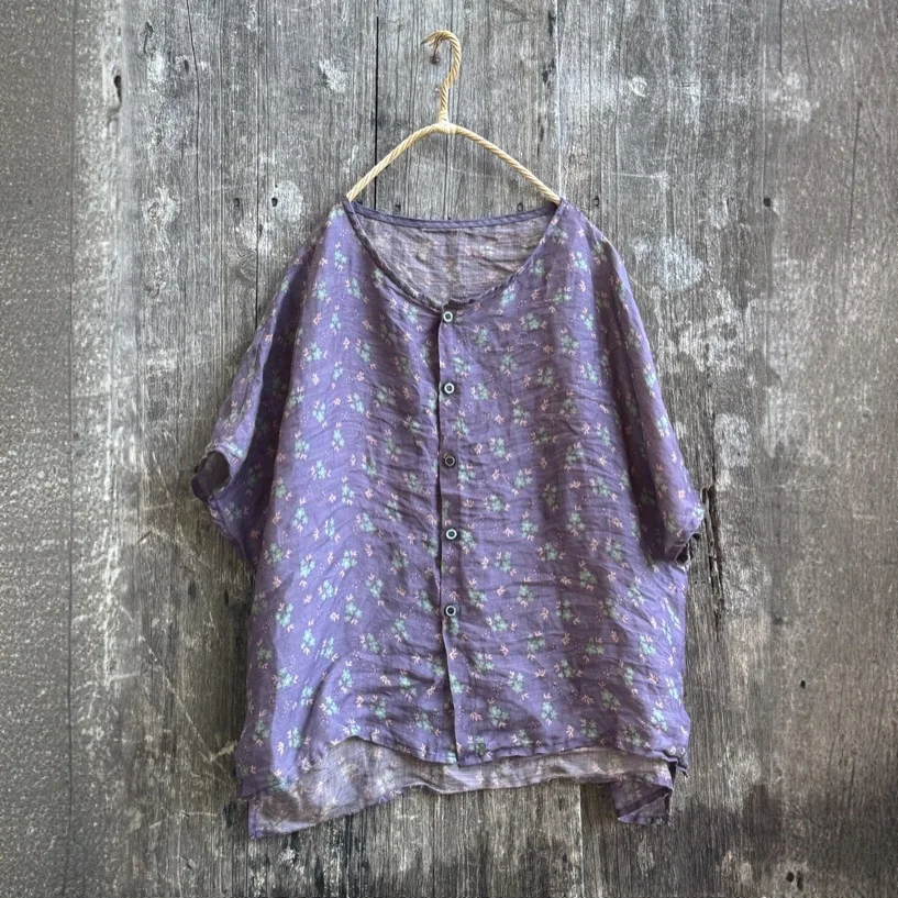 Floral impresso manga curta único botão ramie blusa feminina literária casual camisas de peso fino casual verão topos robe