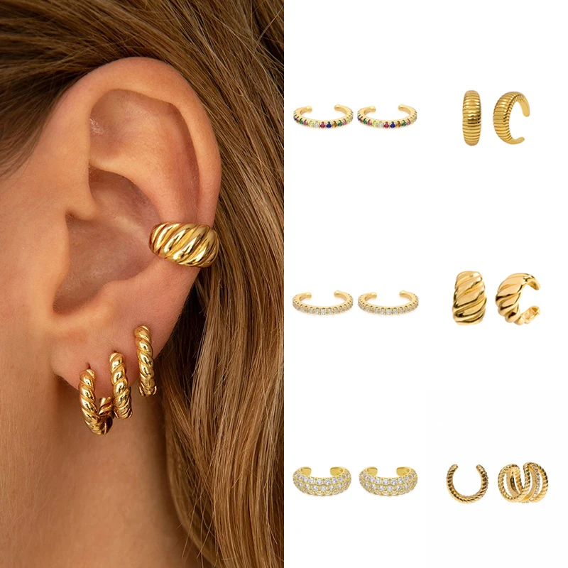 TIANDE Gold Plated Clip Earrings for Women CZ Zircon Fake Piercing Ear Cuff Women\'s Earrings 2022 Fashion Jewelry Wholesale