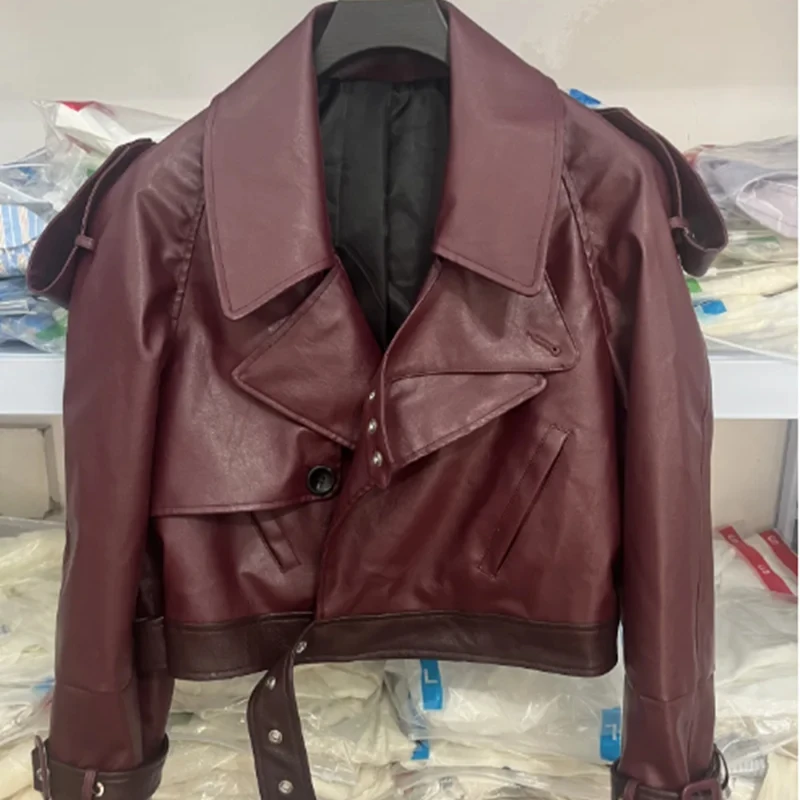 Mode Pu Lederen Riem Crop Jas Vrouwen Elegante Lange Mouwen Ritsvak Pu Jassen 2025, Nieuwe Dame Streetwears Kleding