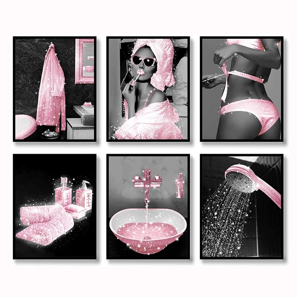 Sexy Woman Fashion WC Toilet Wall Art Poster Canvas Painting Pink Glitter Bling Roll Paper Bathroom Prints Pictures Decorative