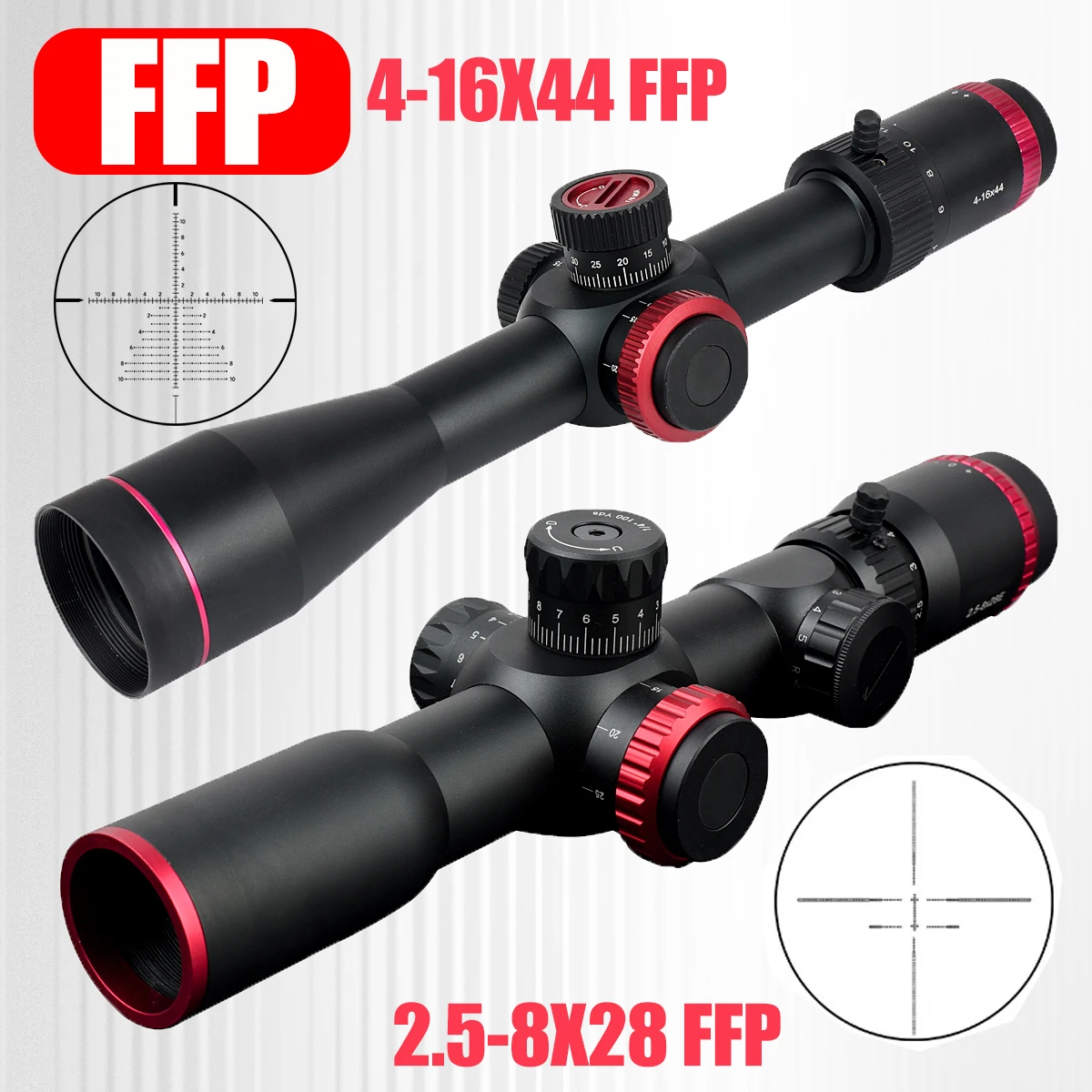 

Tactical 2.5-8x28/5-25x50 FFP Long Range Shooting Collimator 30mm Tube Red Green Illuminated Crosshair Reticle Optical Sight