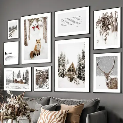 Canvas Schilderij Kerst Winter Sneeuw Huis Herten Vos Nordic Posters En Prints Muur Kunst Foto's Voor Woonkamer Home Decoratie