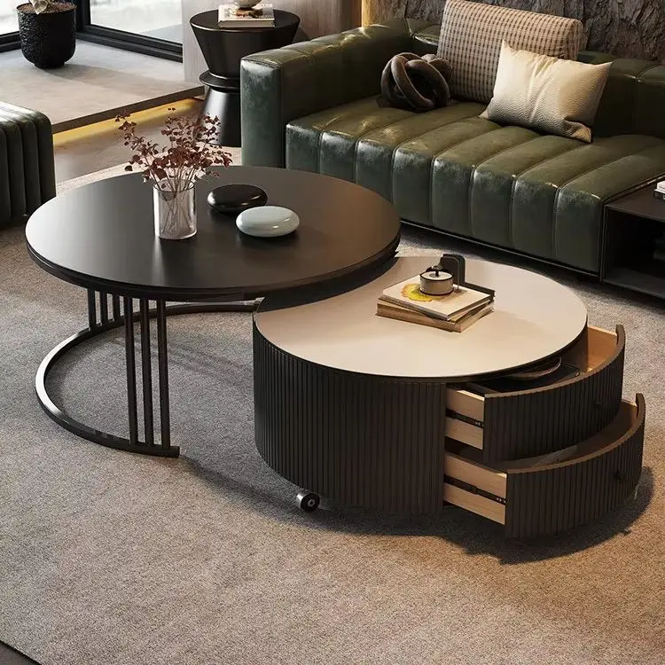 2026 New Light Luxury Modern Black Round Coffee Table Movable Rock Slab Design Simple Living Room Home Furniture