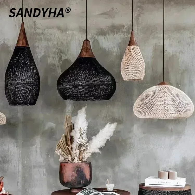

SANDYHA Retro Handmade Rattan Pendant Lamp Ceiling Chandeliers For Kitchen Dining Table Living Room Led Hanging Lamp Home Decor