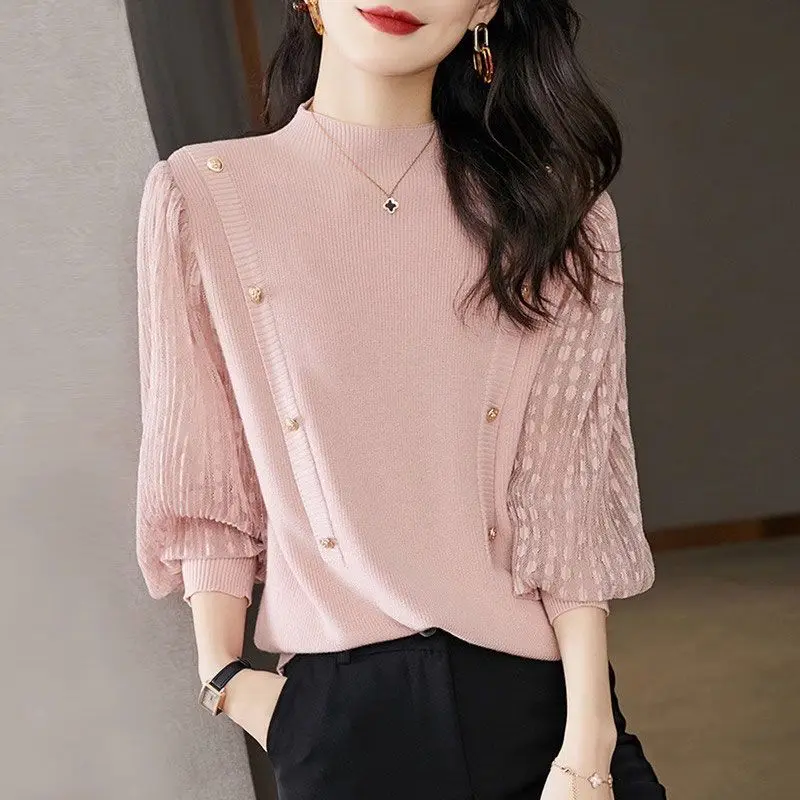 Splicing Small Fragrant Style Knitted Sweater Women's Autumn Winter New Half High Neck Base Sweater Short Lantern Sleeve Top