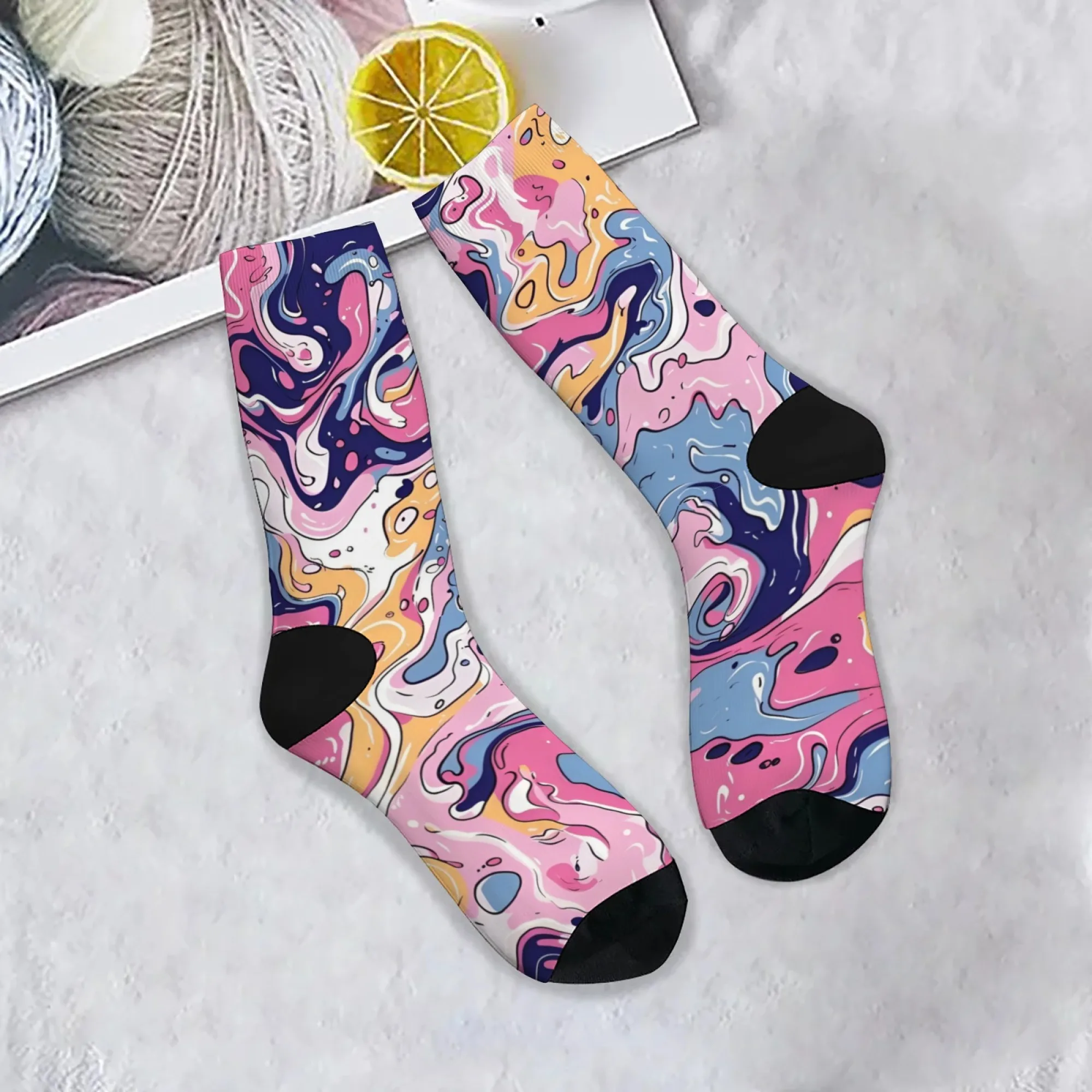 Abstrakte Kunst, schillernde, unregelmäßige Herrensocken mit Farbdruck, neuartige Harajuku-Retro-Streetstyle-Crew-Socken, lustiges Partygeschenk.