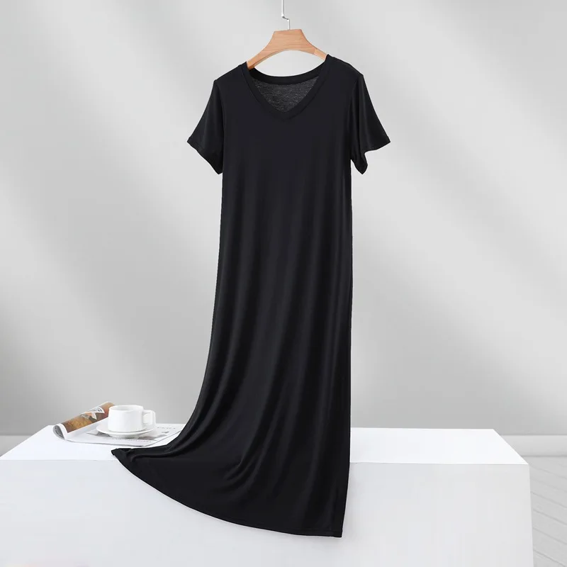 Modal Pajama Dress Korean Version V-Neck Short Sleeve Plus Size Thin Dress Loose Casual Long Dress Student Sleepwear Homewear