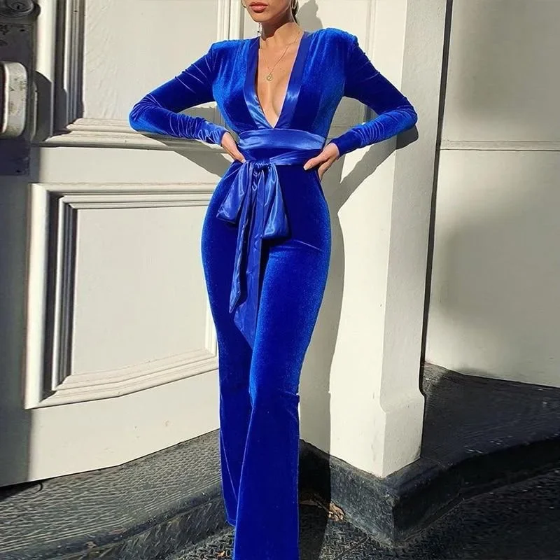 

Solid Velvet Women Long Sleeve V Neck Wide Leg Jumpsuit Shoulder Pads Belt Streetwear Party Elegant 2024 Autumn Rompers