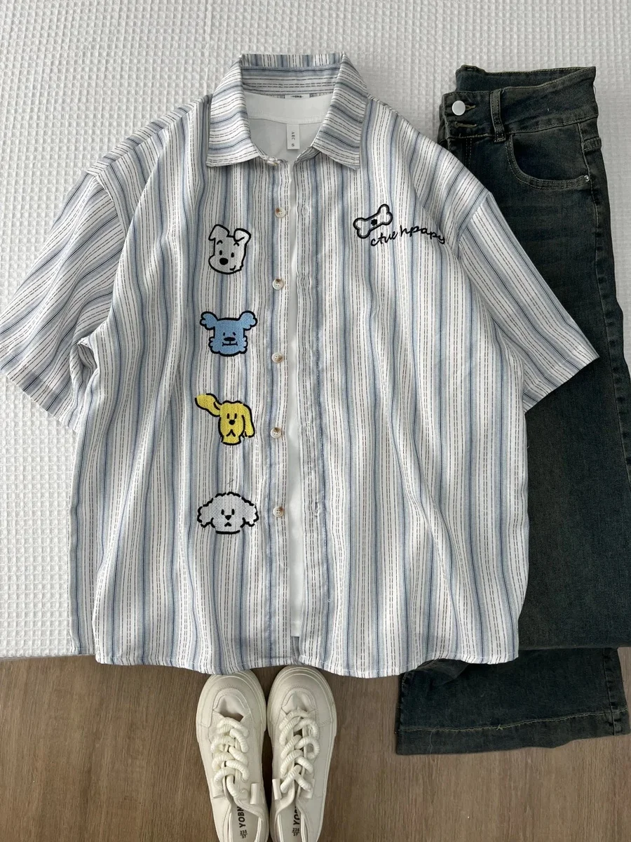 

Retro American Cartoon Embroidered Dog ort Sve Loose Fit Men's irt Summer Casual Chic Versatile Preppy Sle Top