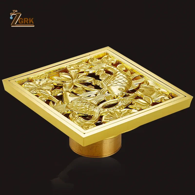 ZGRK Drains 10x10cm Square Gold Brass Bath Shower Drain Strainer Floor Cover Balcony Deodorant Grate Waste Bathroom Drains