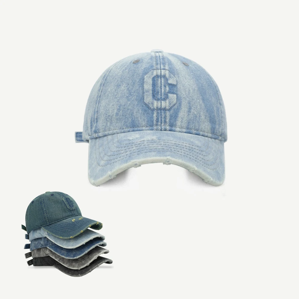

Бейсболка из потертого денима для тяжелой промышленности, рваная кепка с буквой C для мужчин и женщин, высококачественная модная брендовая кепка в корейском стиле