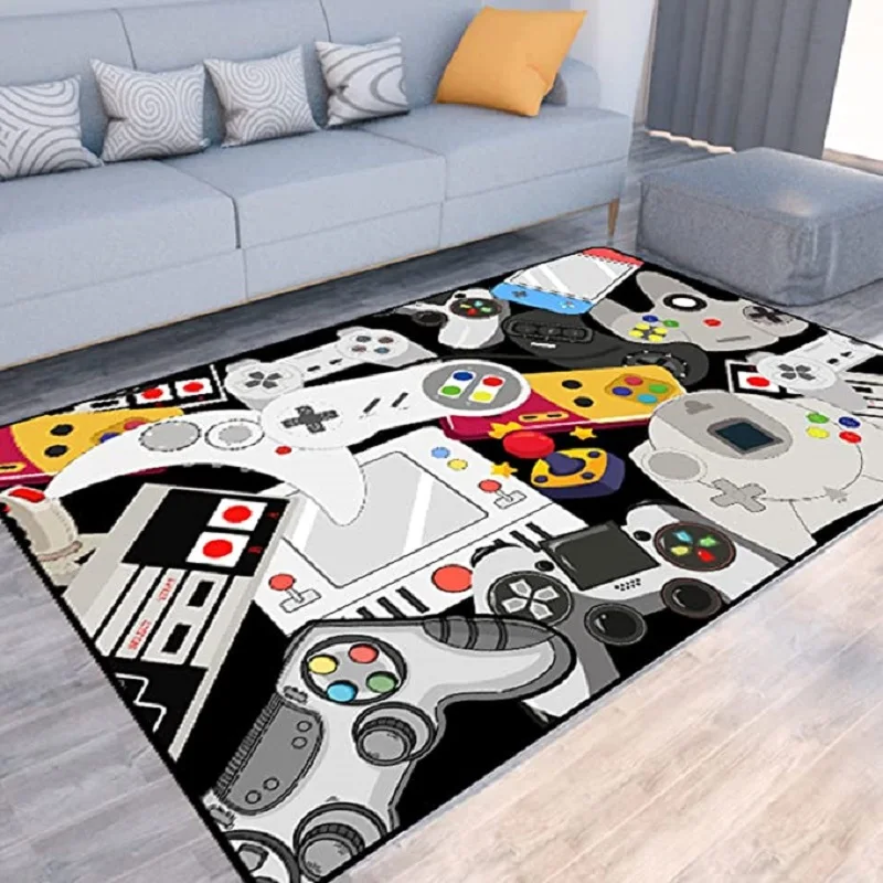 Game Video Gaming Pattern Black Area Rugs Gamer Game Controller Kids Teens Boys Playroom Carpet Bedroom Living Room Floor Mat