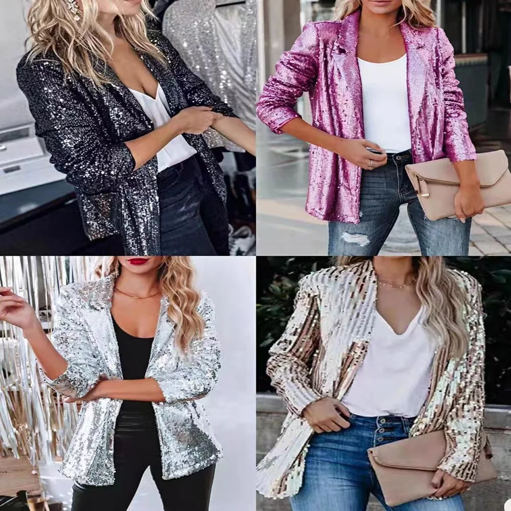 

iny Sequin Suit Jaet Loose Casual Cardigan Women's Faion Thin Long Sve Flat Collar One Button Closure Autumn Wear