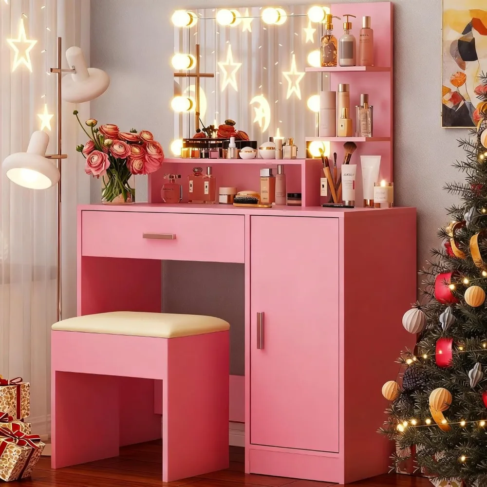 

Vanity Set with 3-Mode LED Bulbs Modern Makeup Vanity Table with Storage Shelf, Drawer, Cabinet Dressing Table with Cu