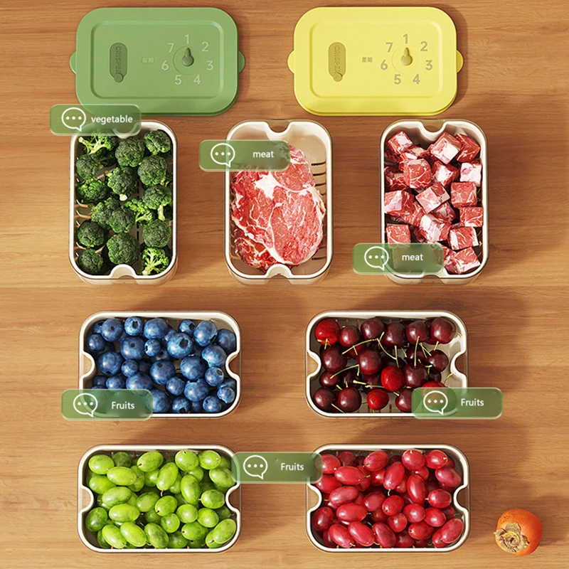 1pc Refrigerator Timeable Frozen Fruit Meat Vegetables Leak Proof Fresh Seal Box Case With Drain Basket Seasoning Case