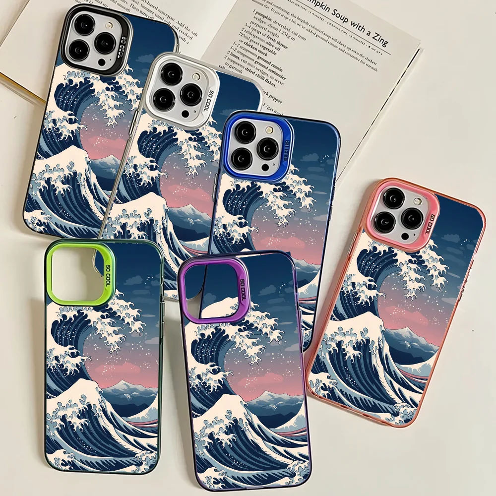 Great Wave Kanagawa Phone Case IMD Color Silver Shell For IPhone 16 15 14 13 12 11 Pro Max Plus