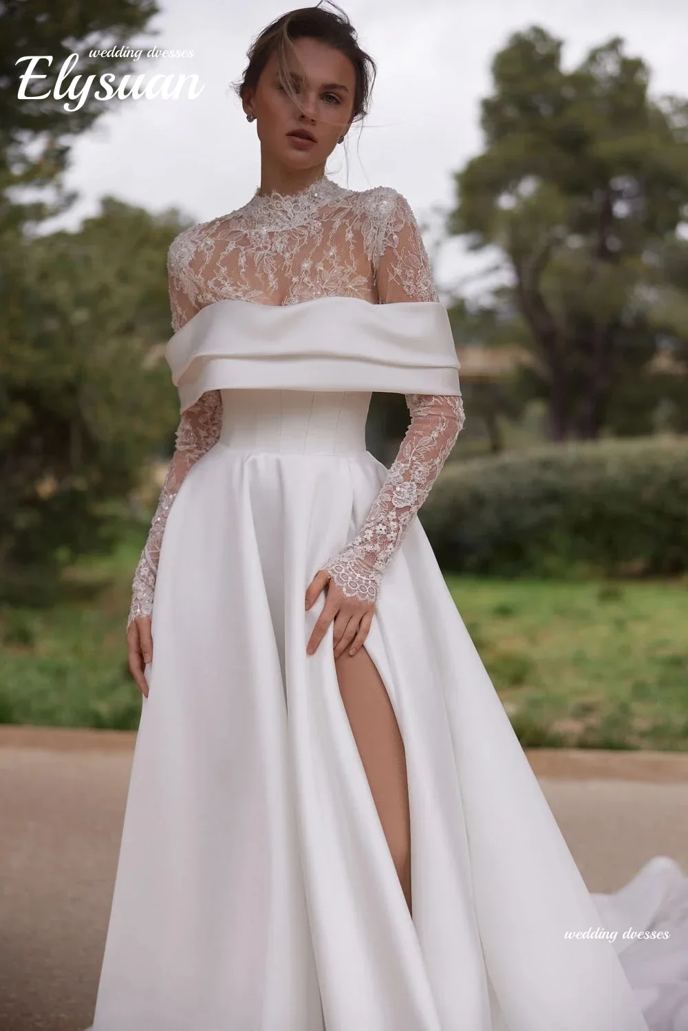 

Customized fashionable satin wedding dress 2-in-1 lace long-sleeved wedding dress