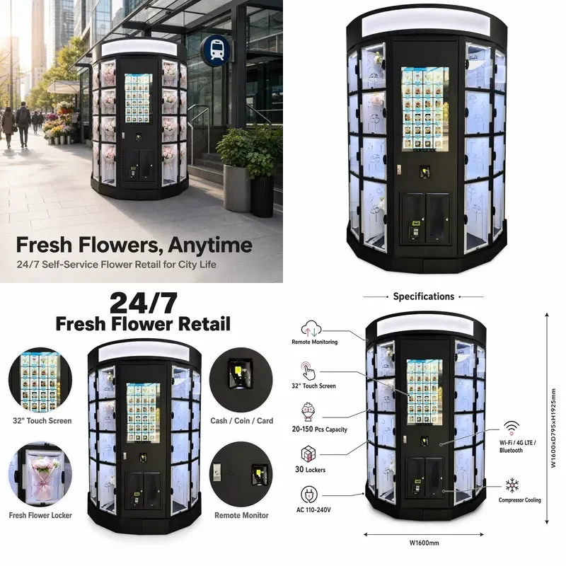 Automatic Flower Vending Machine for Mall Hospital Street 24H Smart Fresh Flower Dispenser with Multi Payment Cash Coin Card
