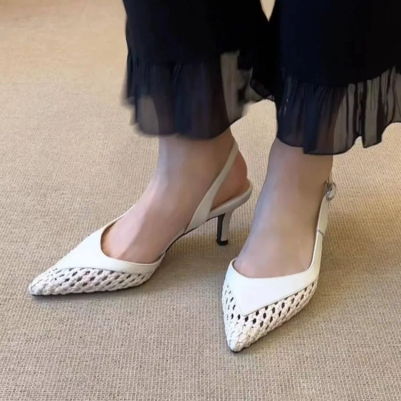 

Римские сандалии на шпильке, новые летние нескользящие туфли на шпильке с острым носком и металлической пряжкой сзади