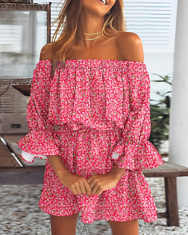 Vrouwen Sexy Mini Jurk Zomer Off Shoulder Bloemenjurken Vrouwen 2023 Boho Casual Bell Mouw Vestidos Vrouwelijke Vakantie Kleding