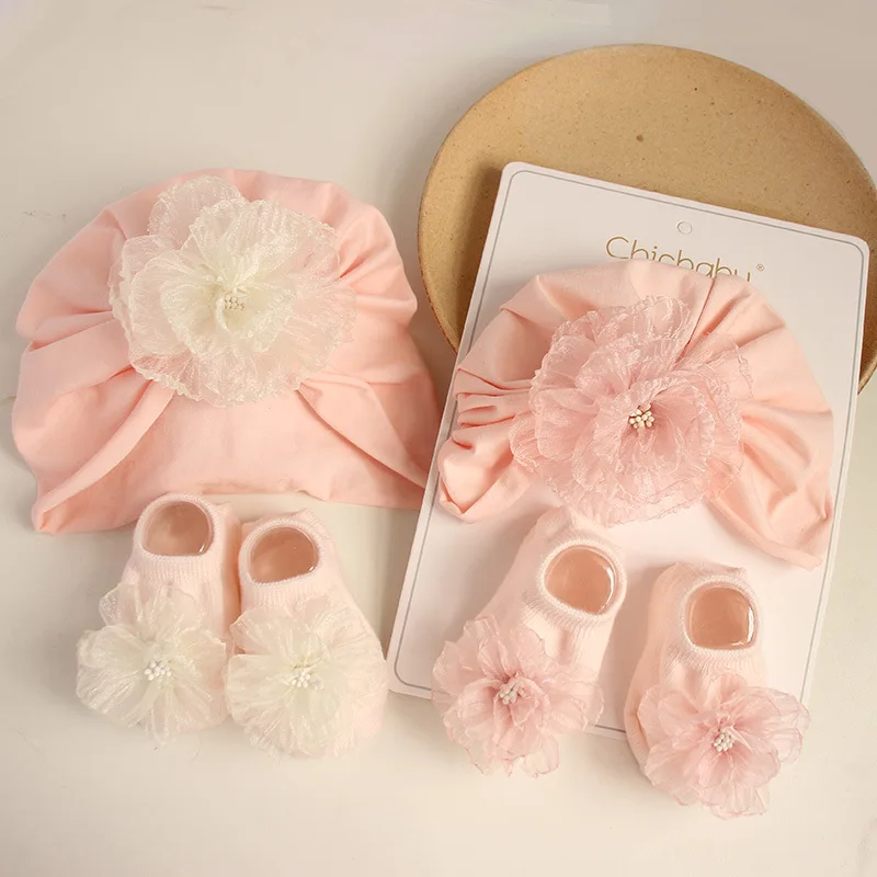 2PCS/Set Baby Girl Turban Cap Socks Lace Flower Newborn Indian Caps Headscarf Hats Soft Cotton Kids Boat Socks Gift for Girl