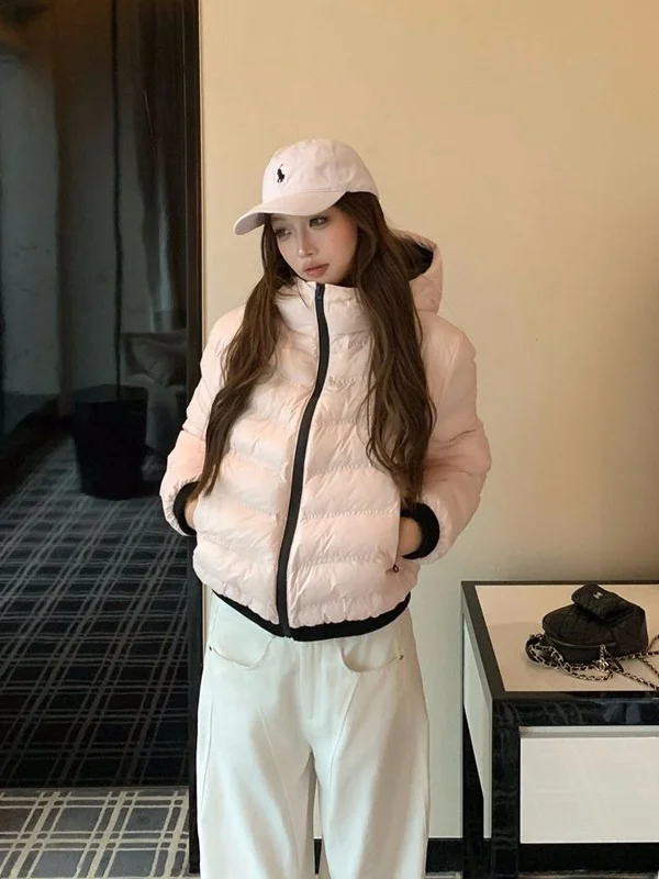 

Розовая хлопковая куртка с капюшоном и молнией, женская повседневная модная универсальная зимняя куртка, утепленная, с длинными рукавами, в корейском стиле