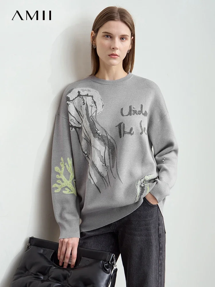 

AMII Minimalism Women's Loose Artistic Sweater 2024 Winter Nail Bead Jacquard Craft Drop Shoulder Sleeve Knitted Tops 12453052