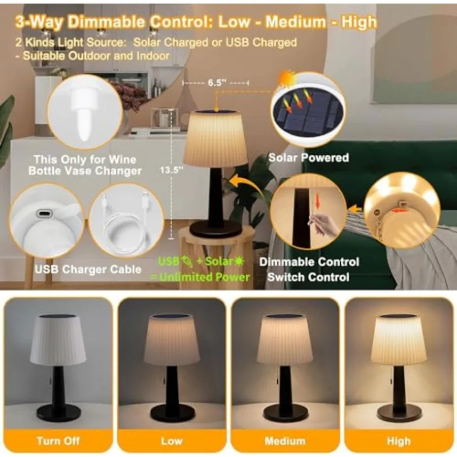 Solar Table Lamps Outdoor Indoor - Mothers Gifts 3 Lighting Modes 4000mAh Eye-Caring LED Waterproof Cordless Solar Desk Lamp wi view 5