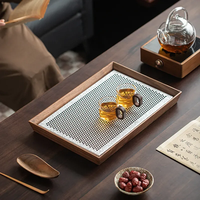 Light luxury high-end tea tray covered with titanium walnut tea tray solid wood drain dry brewing tea table small water