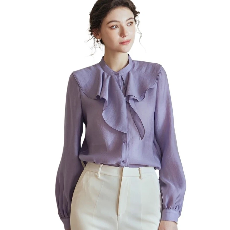 

Spring New Rayon Stand Collar Temperament Office Lady Ruffled Chic Long Sleeve Elegant Shirts For Female Solid Tops Blouses