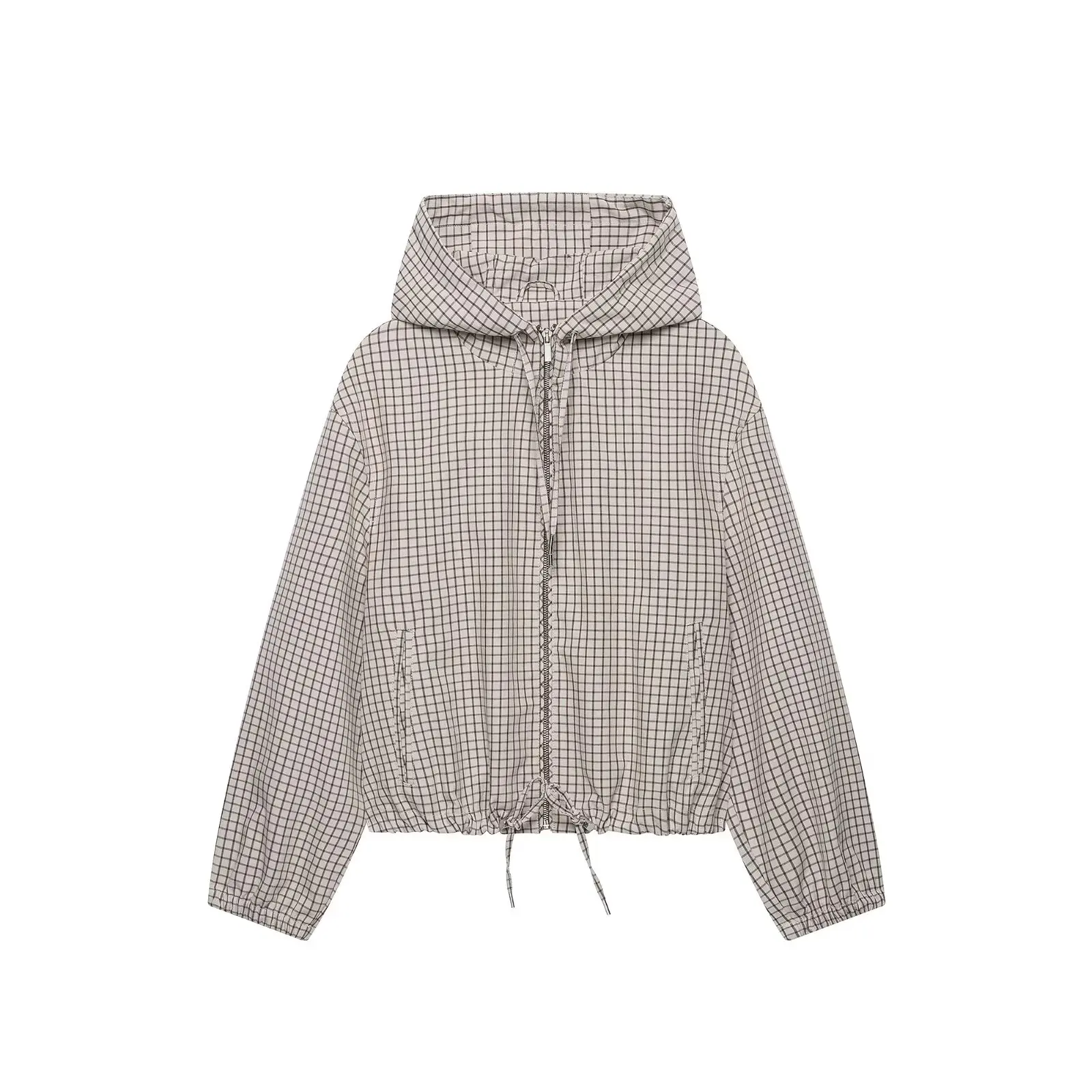 BSAY 2026 Lässige Damen-Karo-Kapuzenjacke mit Reißverschluss vorne, Kordelzug am Saum, lockerer Schnitt, lange Ärmel, Streetwear-Oberbekleidung