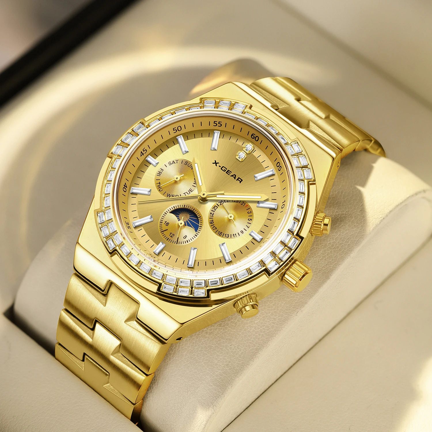 Relógio mecânico masculino X-GEAR, moda casual, relógio de pulso com pulseira de aço inoxidável dourado