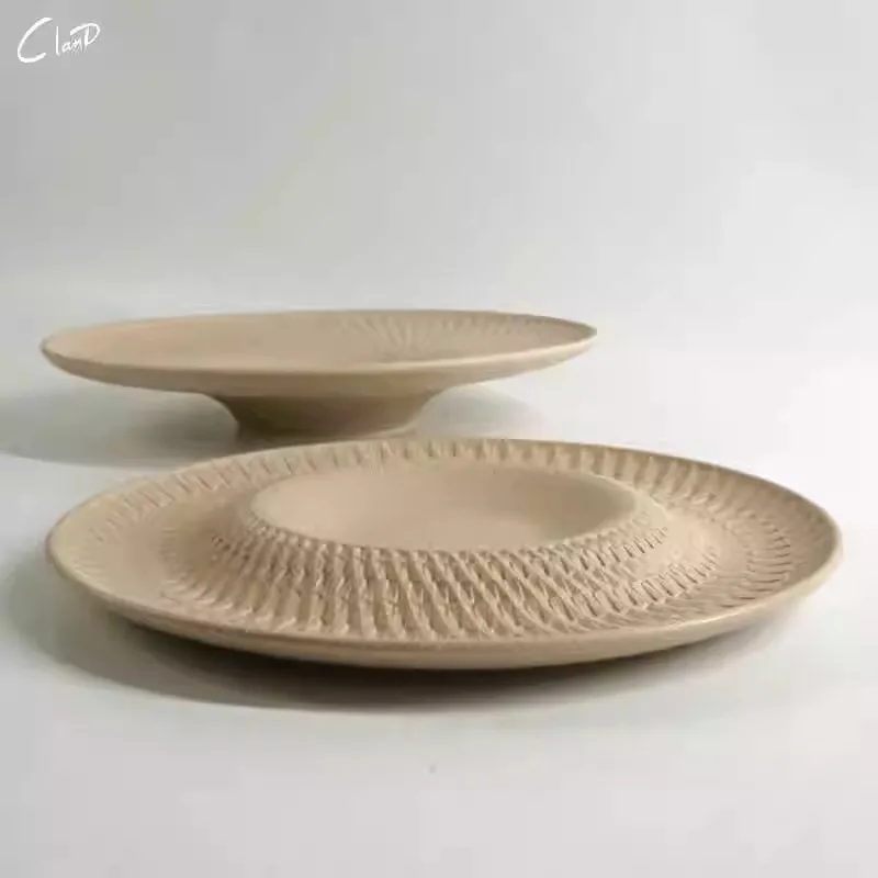 Nordic Minimalism Restaurant Soup Plate Creative Decorative Tray Ceramic Material Frosted Spiral Grain High-End Hotel Food Tray