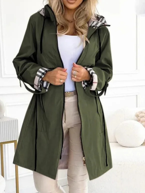 موضة خندق معطف امرأة الخريف الشتاء بلون تنوعا عادية الشارع نمط سترة طويلة الأكمام مقنعين منقوشة ملابس خارجية