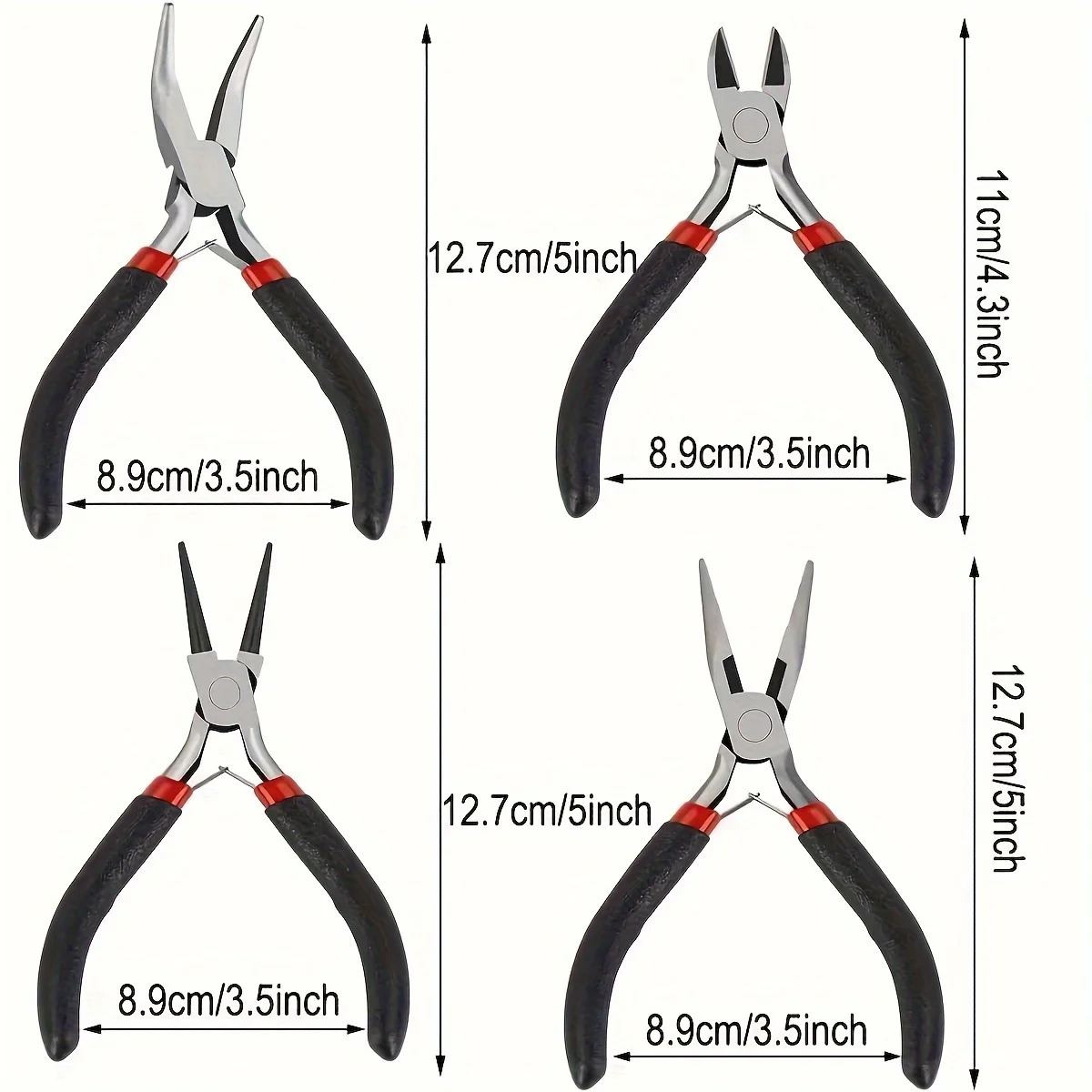 The four piece set of pliers includes pointed nose pliers, round nose pliers, top cutting pliers, curved nose pliers