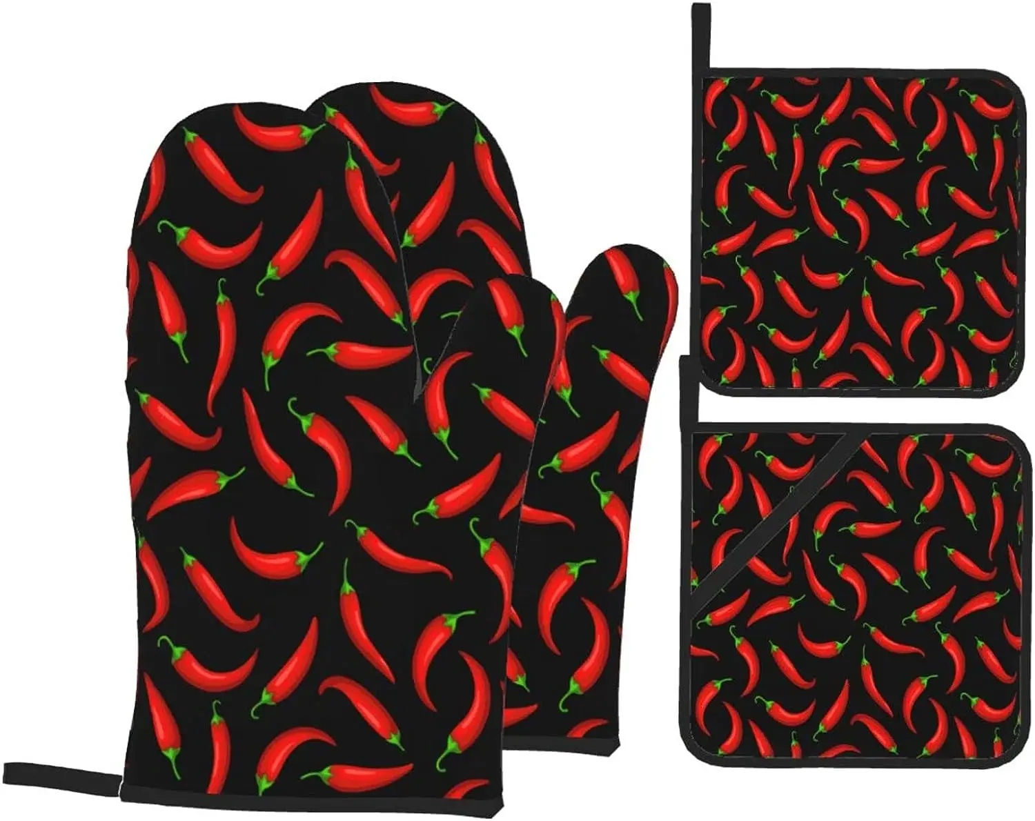 Juego de manoplas y soportes para ollas con patrón de pimientos de Chile, guantes resistentes al calor para cocina, hornear, asar, barbacoa, 4 unidades
