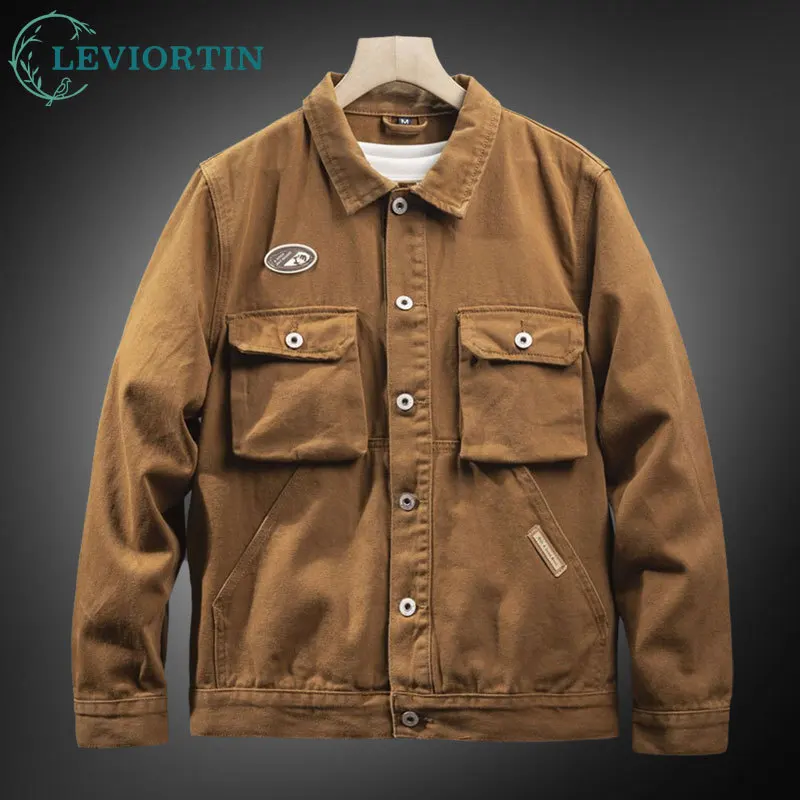 

Мужские износостойкие джинсовые куртки из чистого хлопка, однотонные куртки с трехмерными карманами, куртки-карго, мужская верхняя одежда