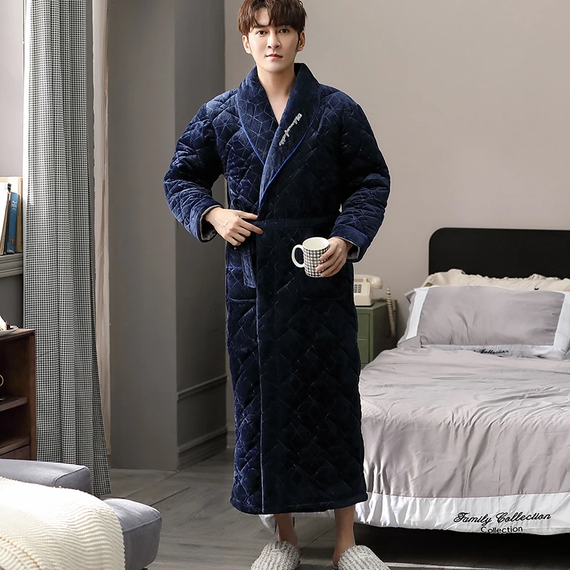 New Winter Men Bathrobes 3 Layers Quilted Flannel Long Robe Male Blue Home Warm Dressing Gown Robe