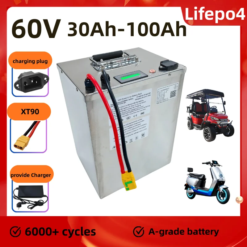 60V Lithium Lifepo4 Battery 30Ah-100Ah for 1800W-3000W Two-Wheeler Four Wheeler Golf Cart RV High Capacity Energy Storage